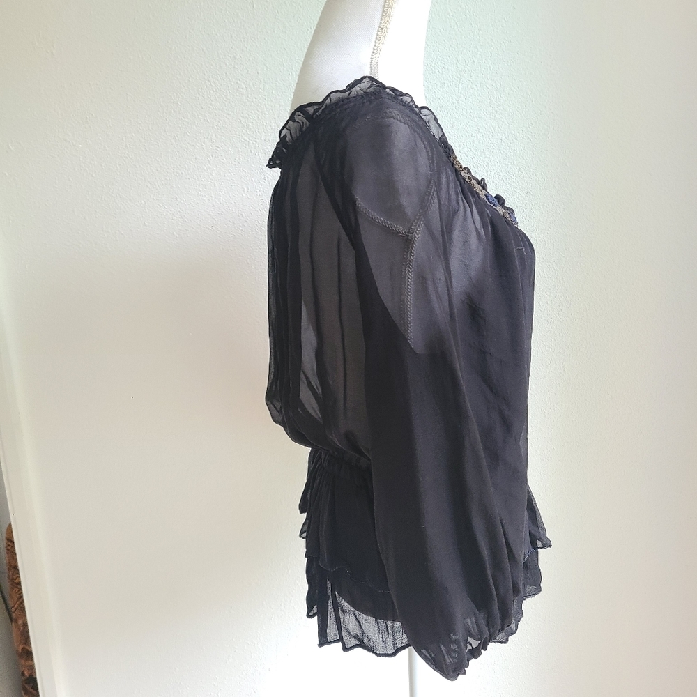 SAIVANA Sheer Black Blouse w/ Tie & Embellishment - Picture 4 of 10
